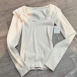 Ribbed Square-Neck Long Sleeve Top - Cream